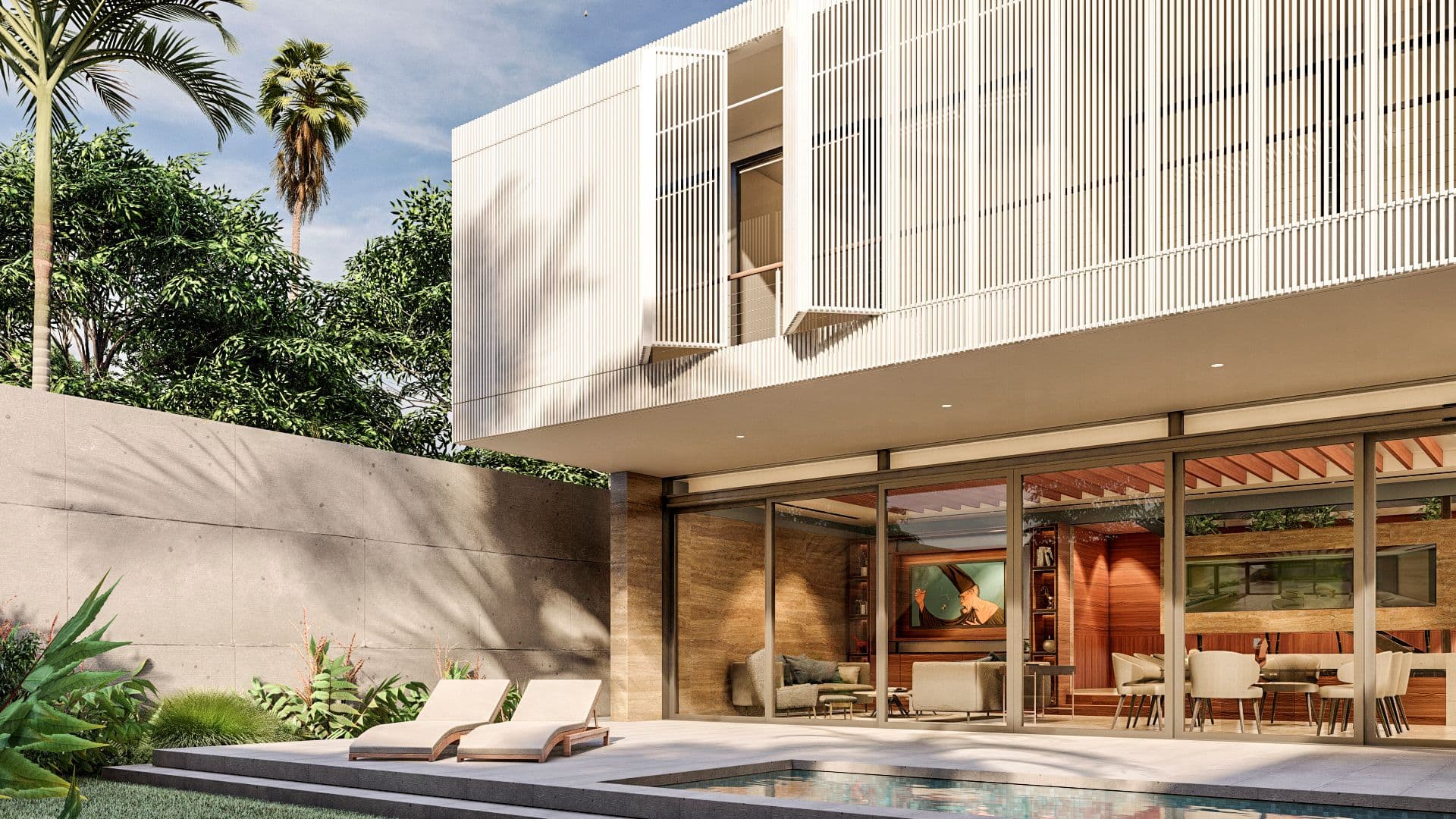 Modern white house with large glass windows and sliding doors, featuring a swimming pool and lounge chairs.