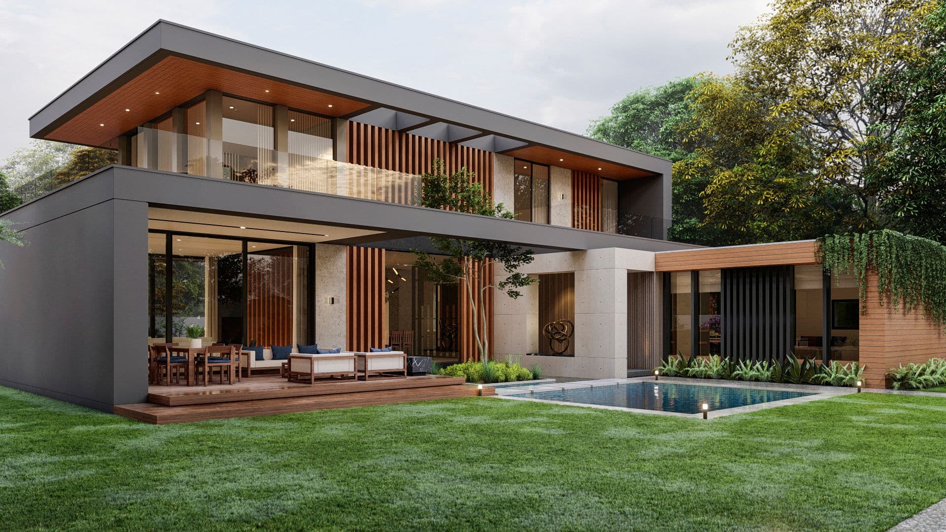 Modern two-story house with clean lines, wooden accents, and a swimming pool in the yard.