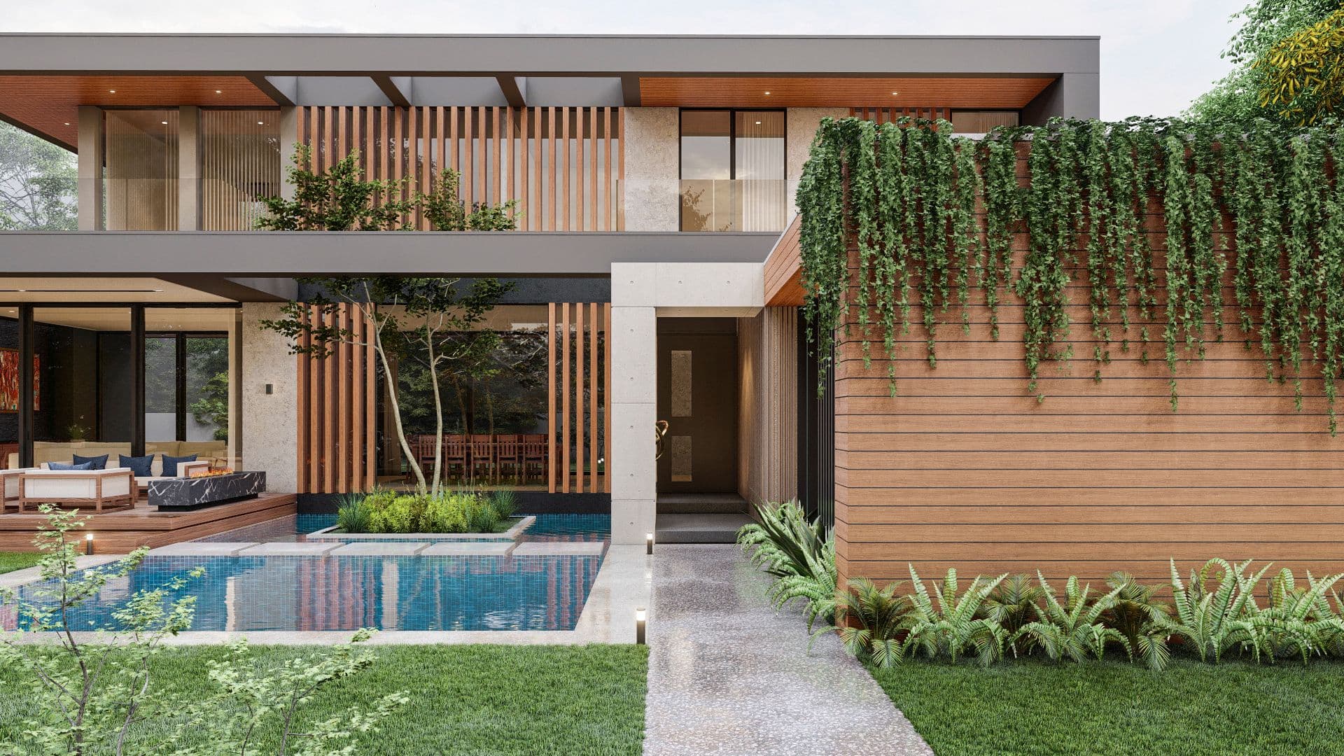 Modern house with a swimming pool, outdoor seating, and lush greenery.