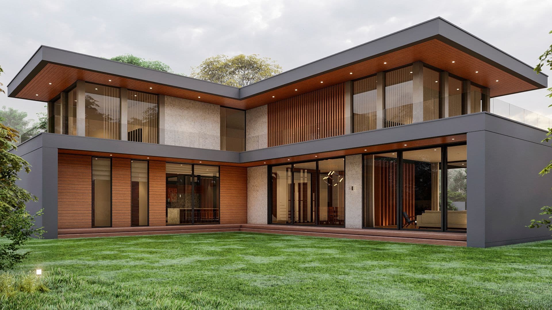 Modern L-shaped house with a flat roof, large glass windows, and wood accents.