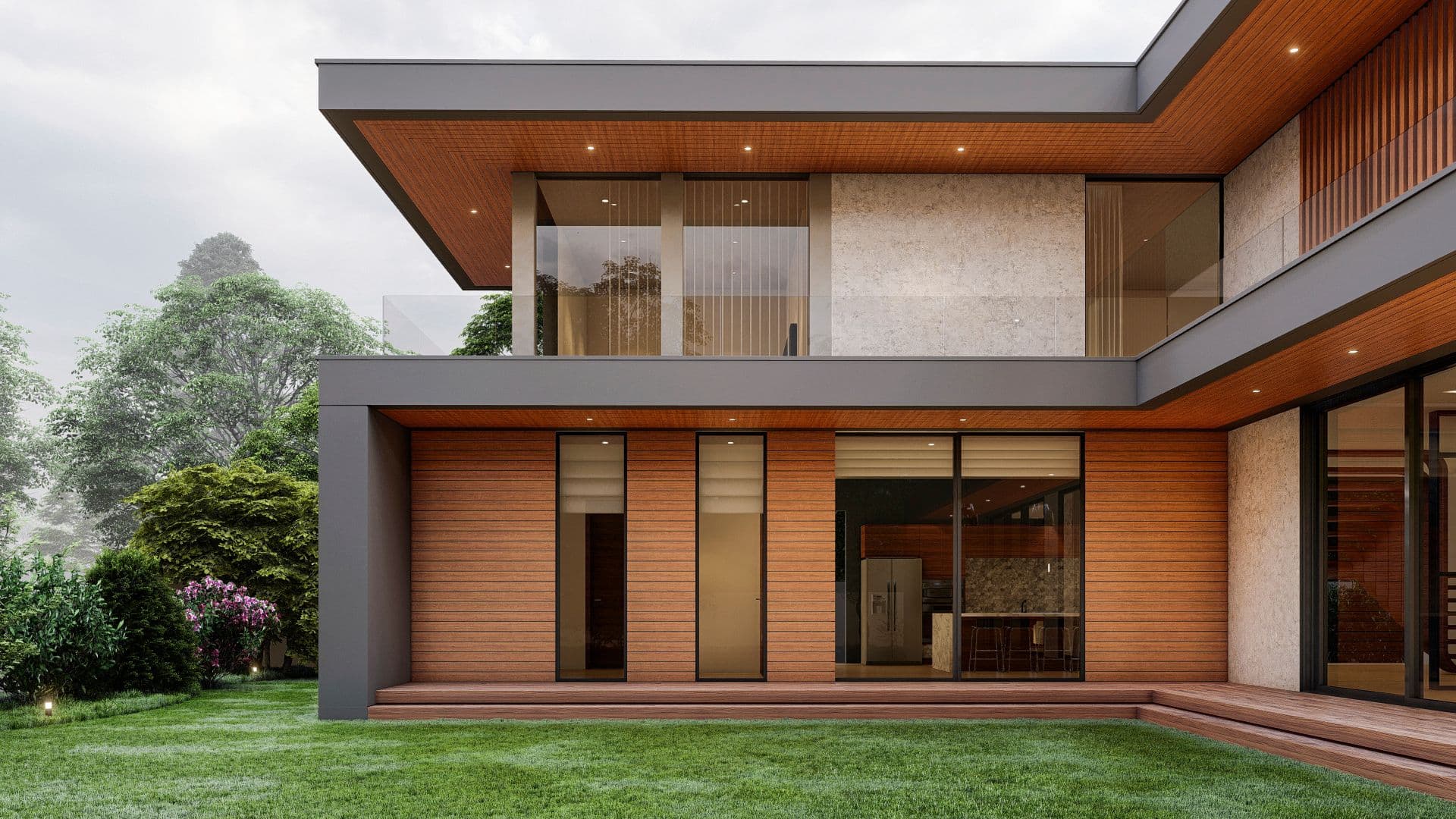 Modern house exterior with wooden siding, large windows, and a balcony overlooking a green lawn.