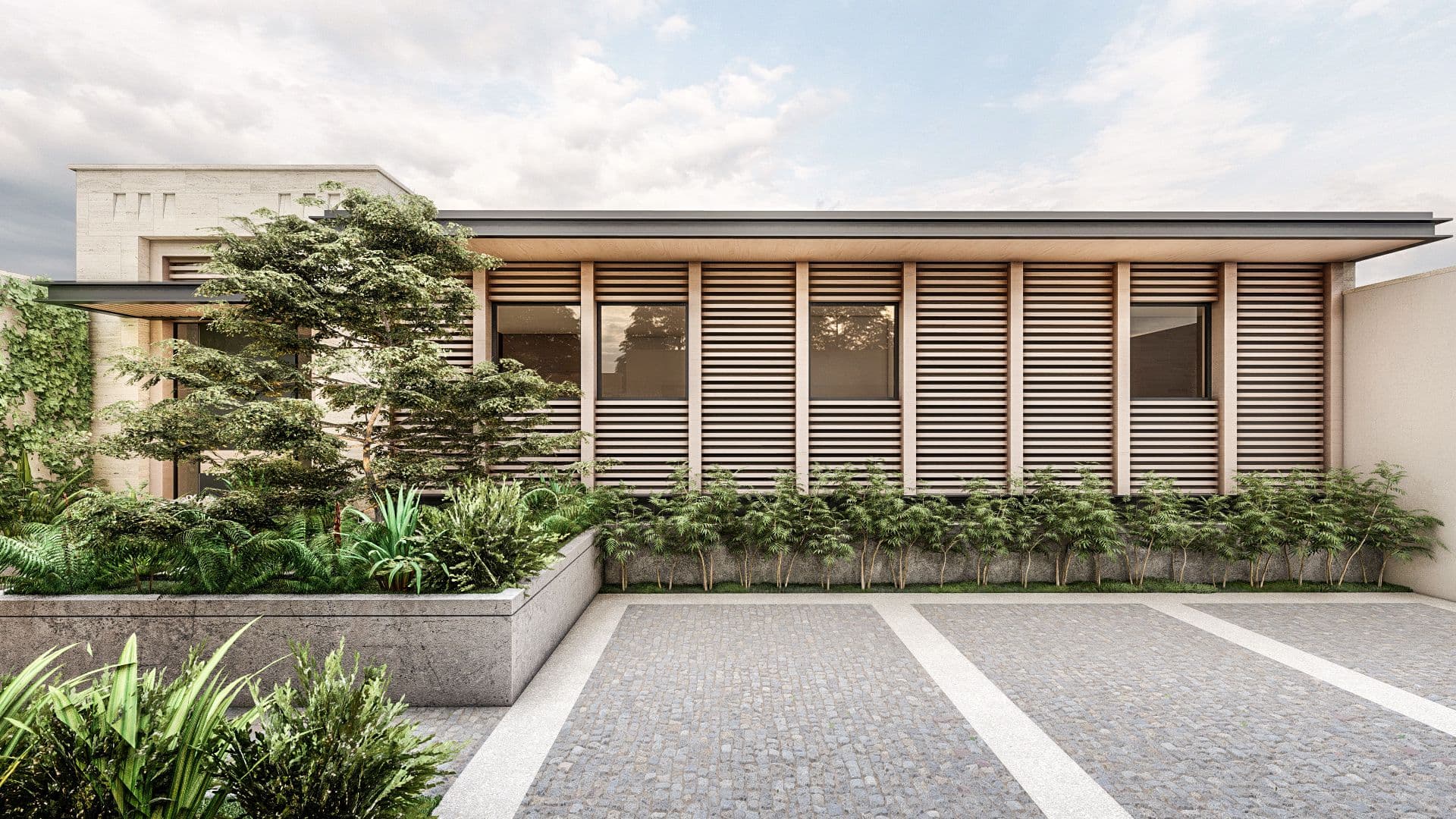 Modern building with wood-slat facade and large windows, flanked by lush greenery and a landscaped planter.