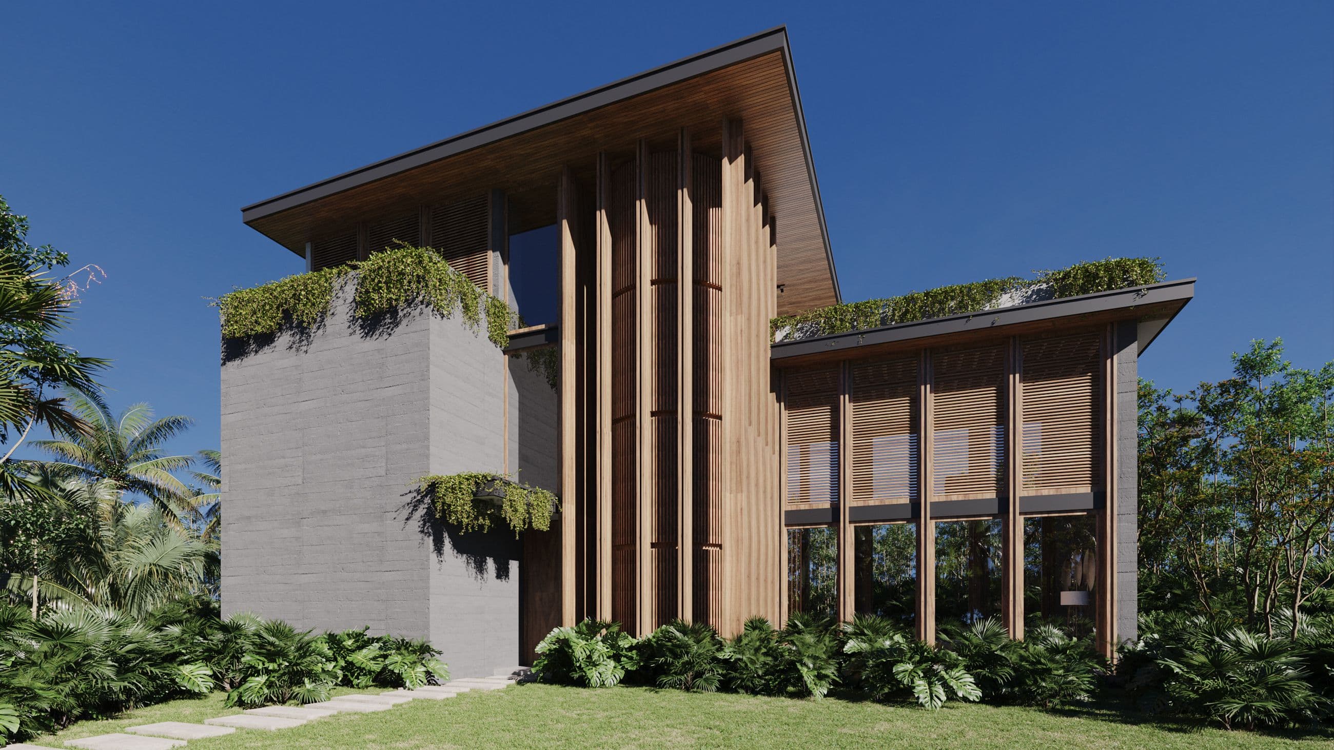 Modern tropical house with vertical wooden louvers and lush greenery on the roof.