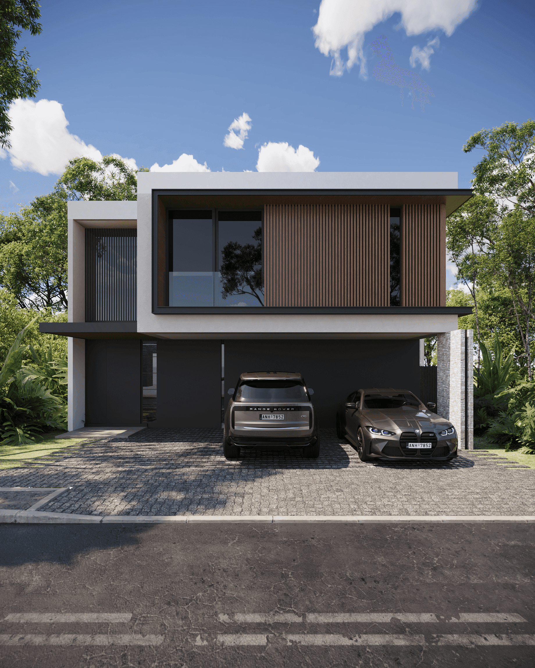 Modern two-story house with a flat roof, featuring a mix of white, dark grey, and wood-paneled sections.