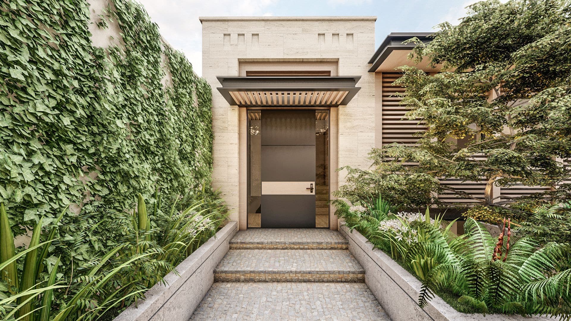 Modern house entrance with a stone pathway and lush greenery on both sides.