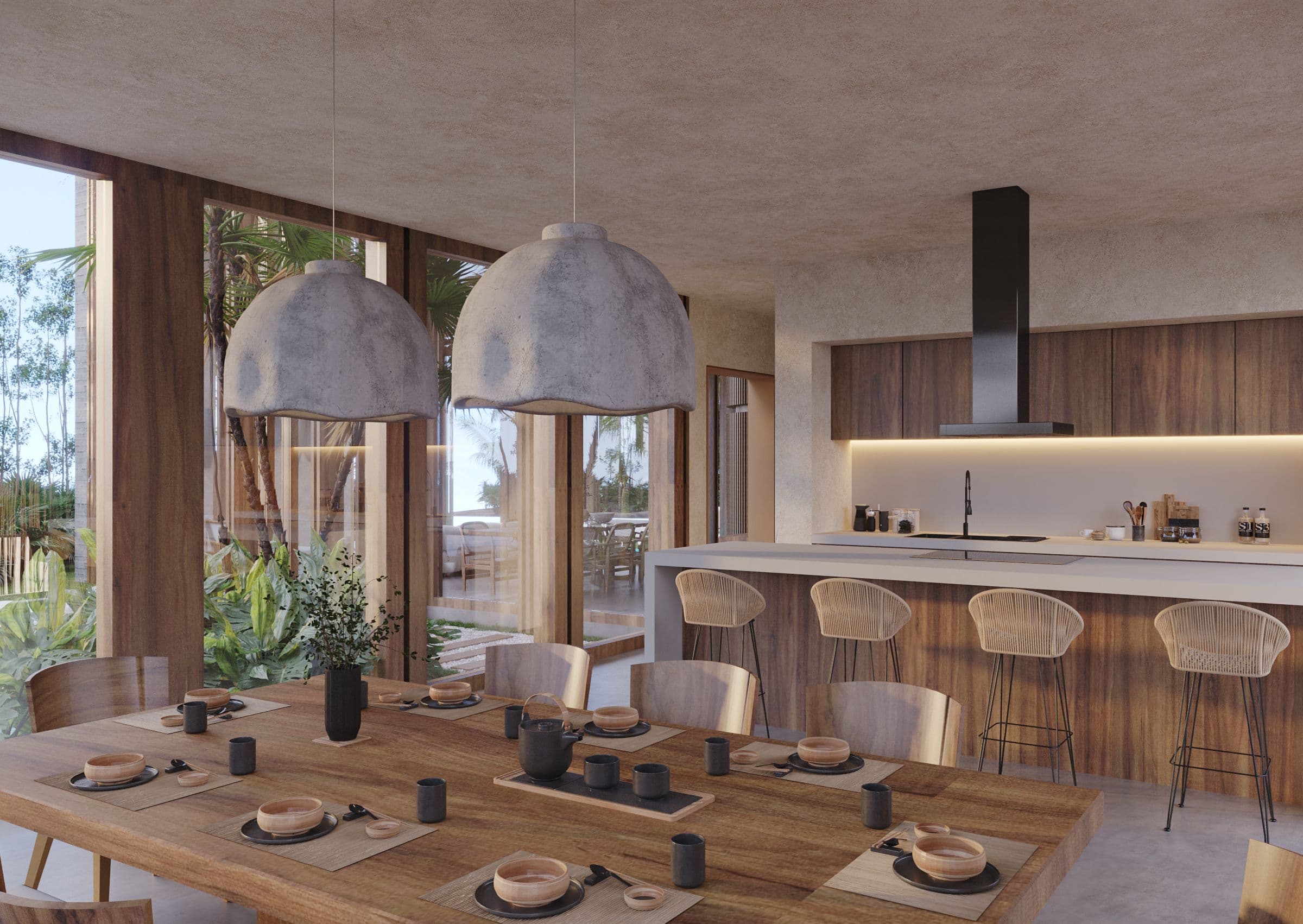 Modern dining room and kitchen with large windows overlooking greenery.