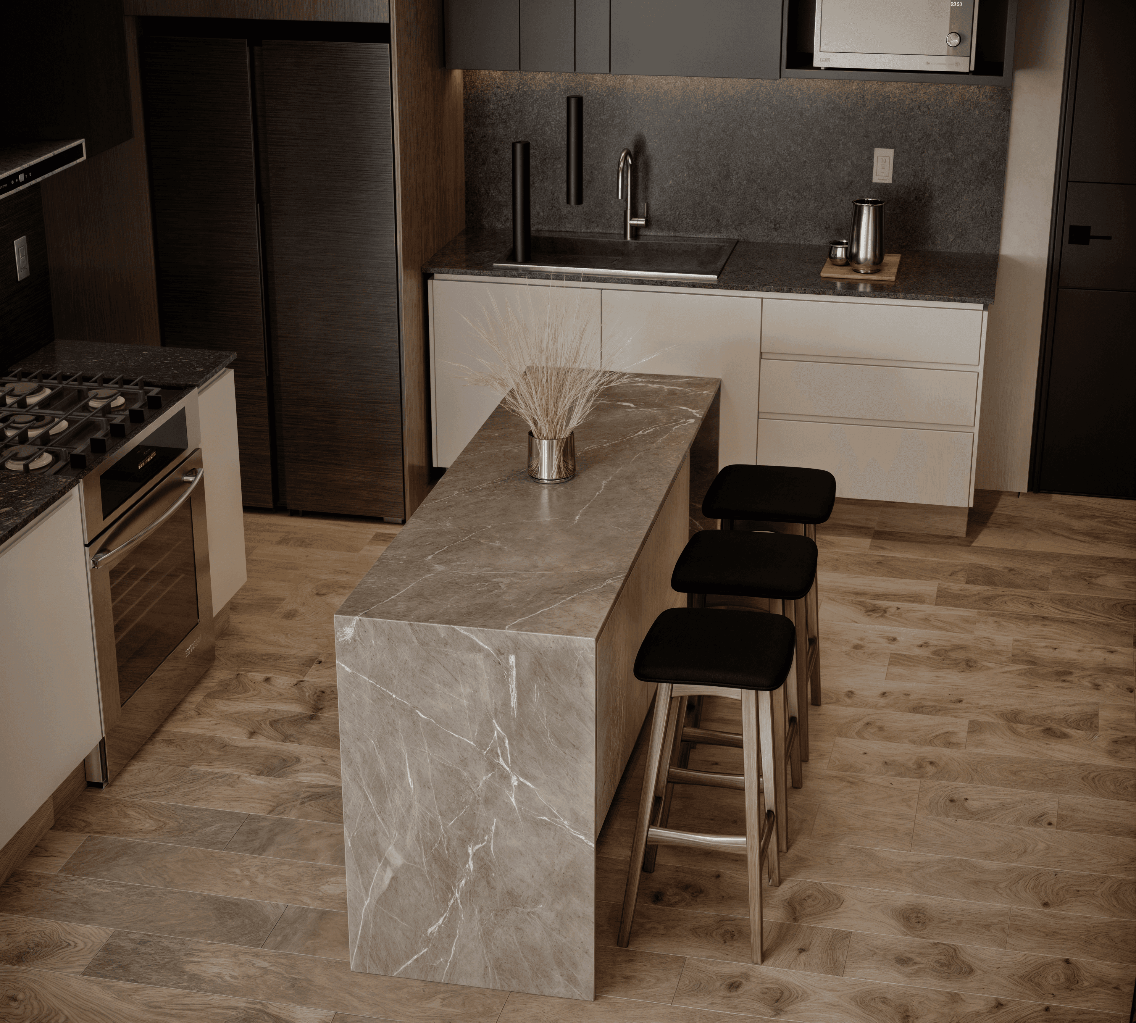 A modern kitchen island with three stools, a refrigerator, and a stove.