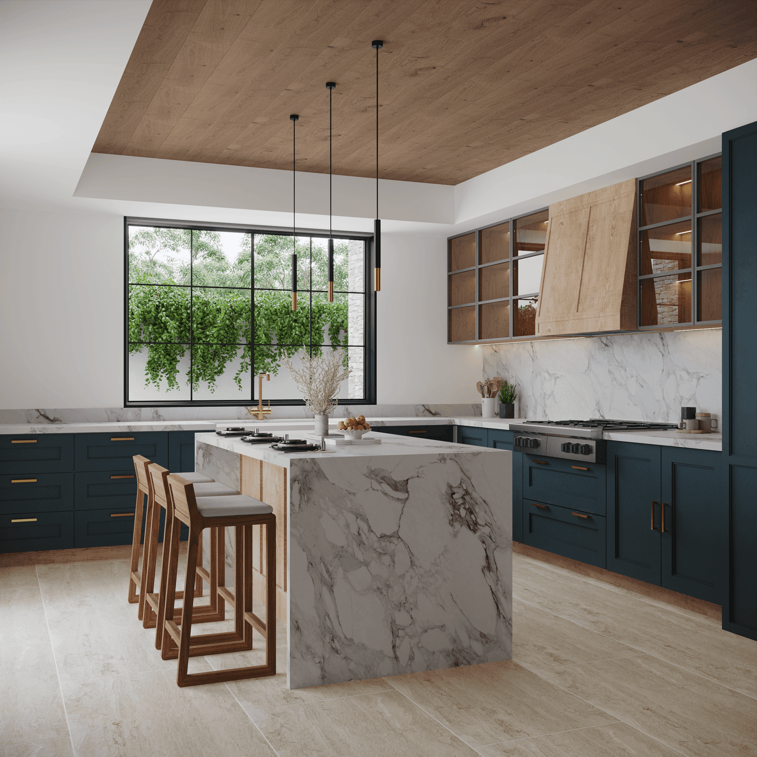 Modern kitchen with navy blue cabinets, marble island, and wood ceiling.