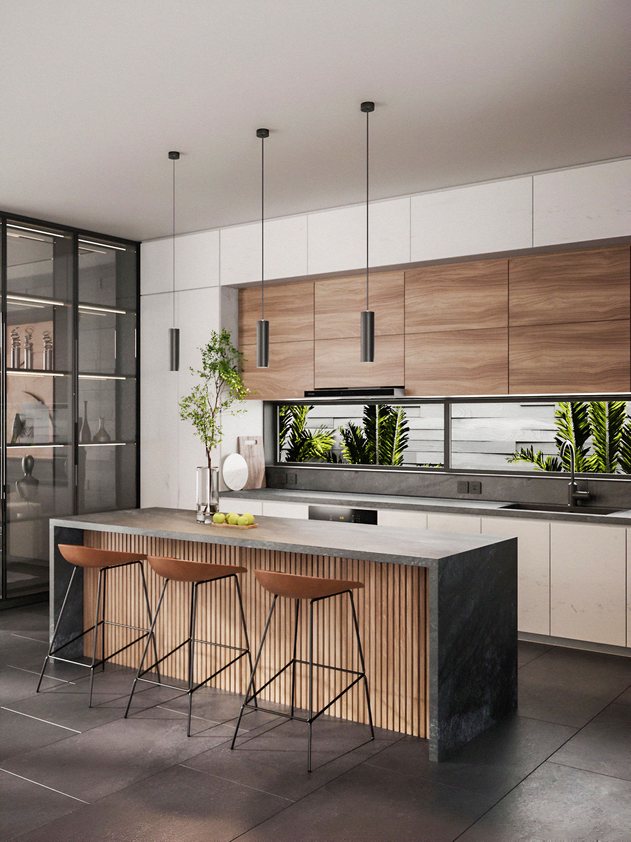 Modern kitchen island with three counter stools and pendant lights above.