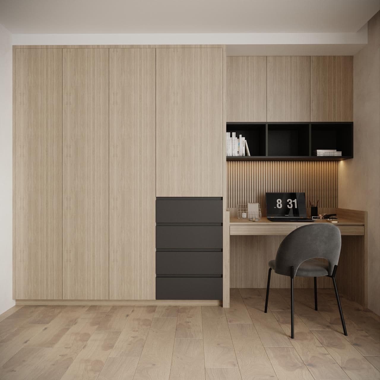 A modern home office with a built-in desk and shelving unit.