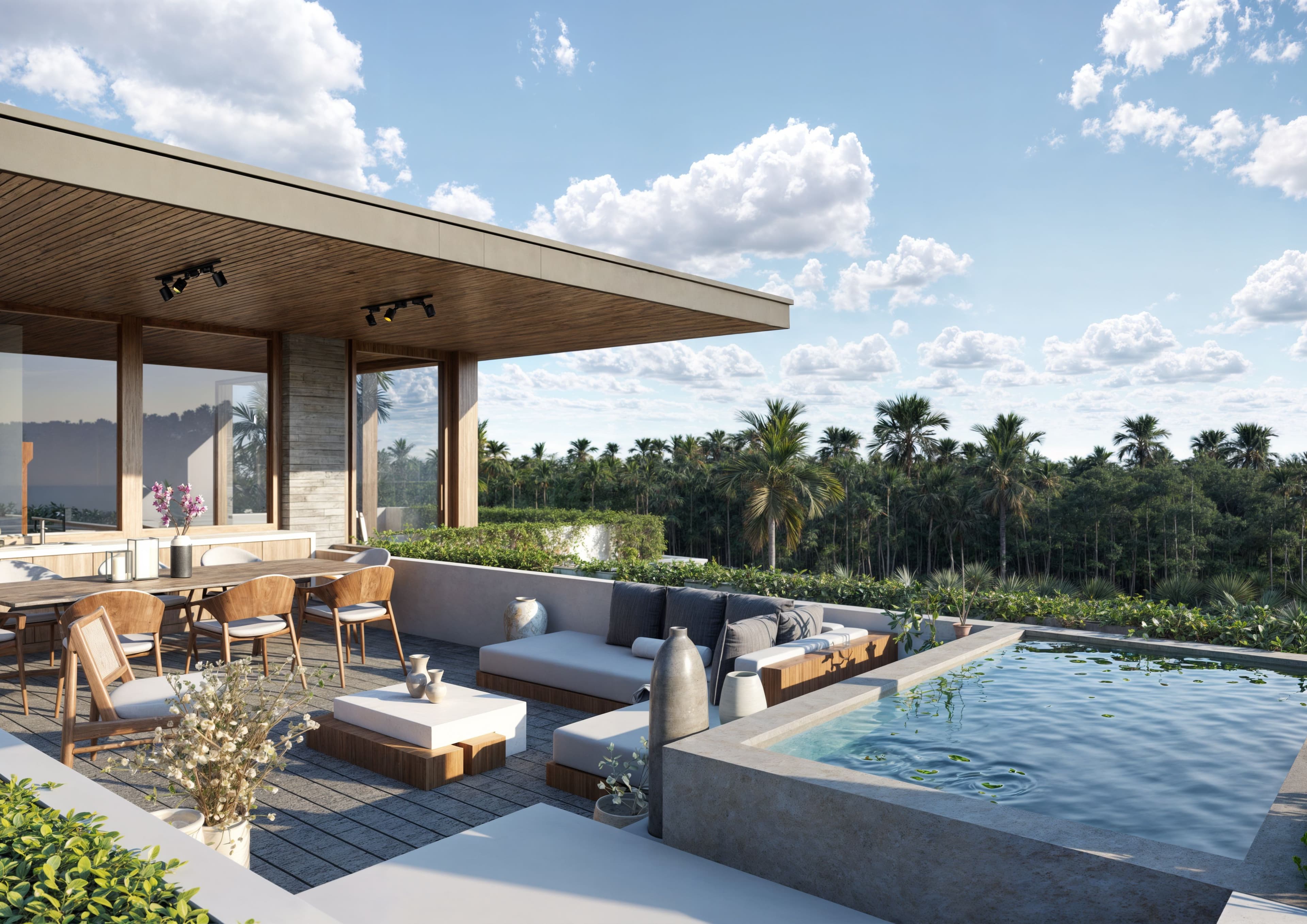 Modern rooftop terrace with a pool, lounge seating, and dining area overlooking a lush forest.