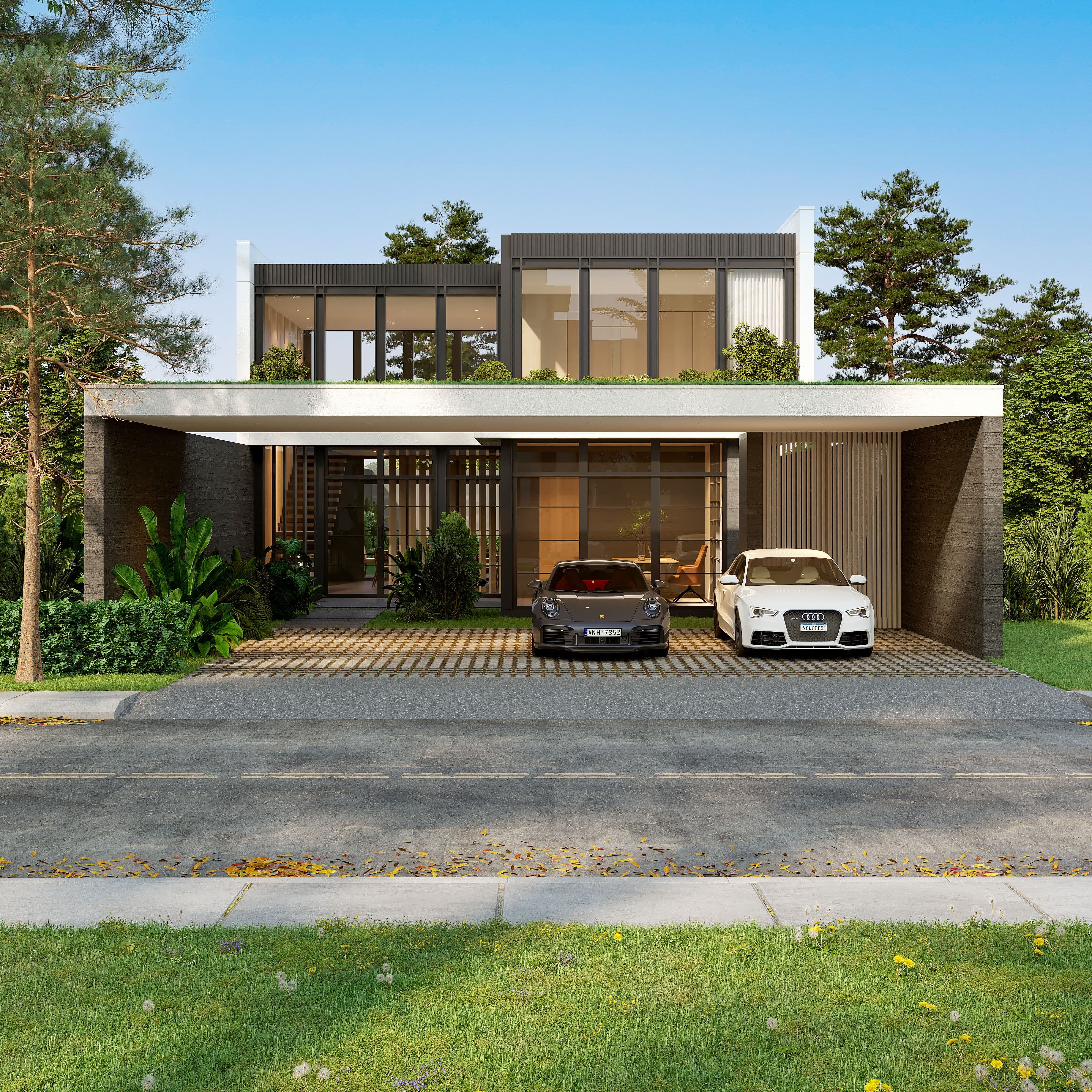 Modern two-story house with a flat roof, large windows, and an attached carport with two cars.