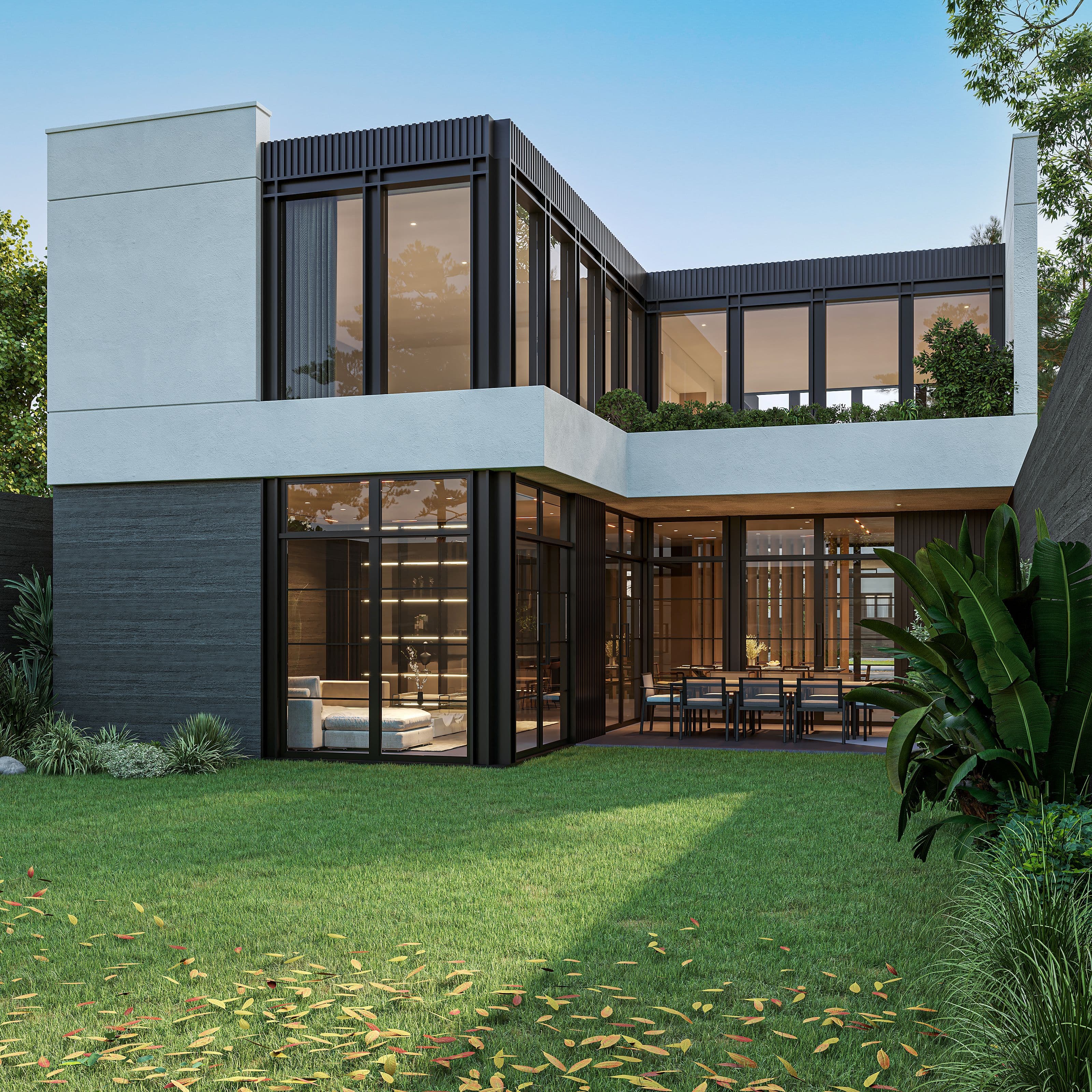 Modern two-story house with large windows and a flat roof.