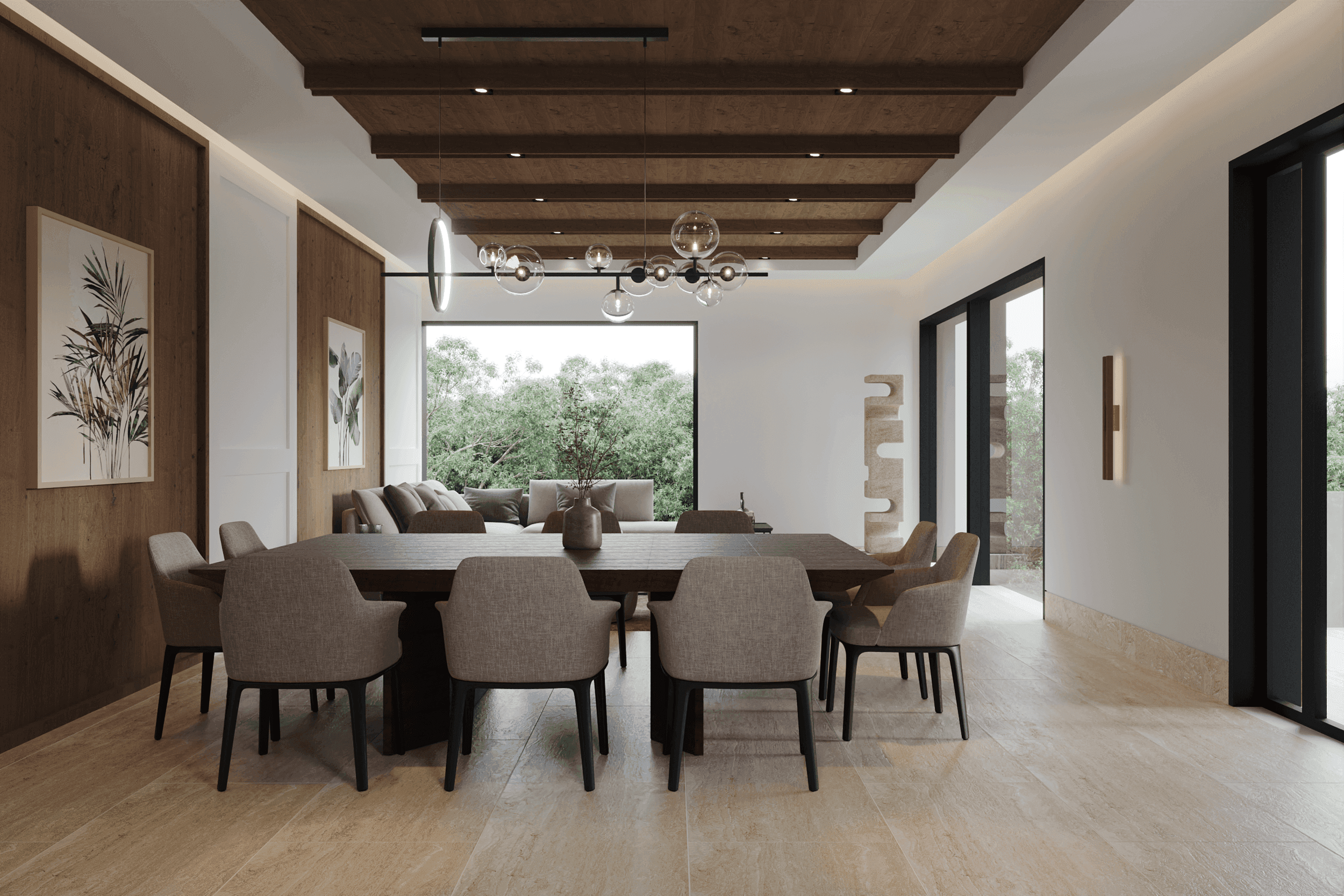 Modern dining room with a large dark wood table and upholstered chairs, featuring a coffered wood ceiling and large windows.